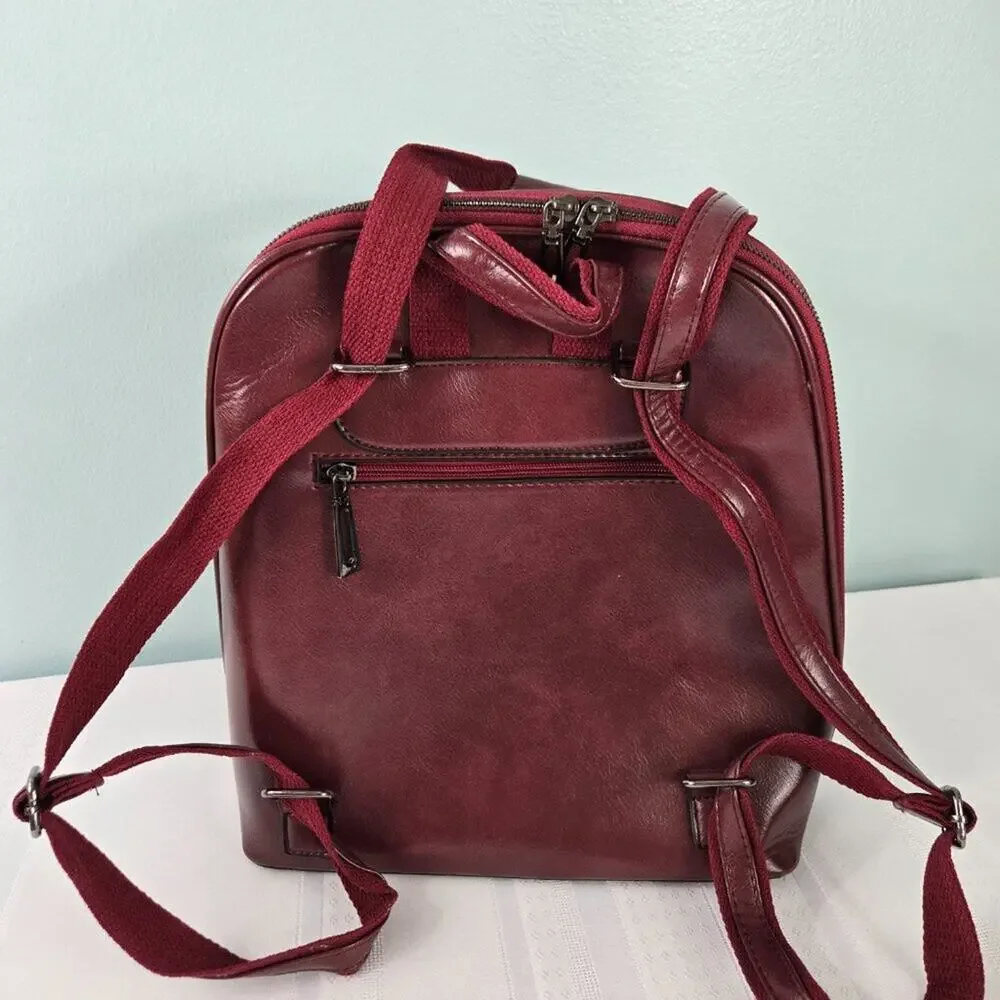 Backpack Mid-Size Burgundy Hard Shell Faux Leather Zipper Closure Adj Straps NEW